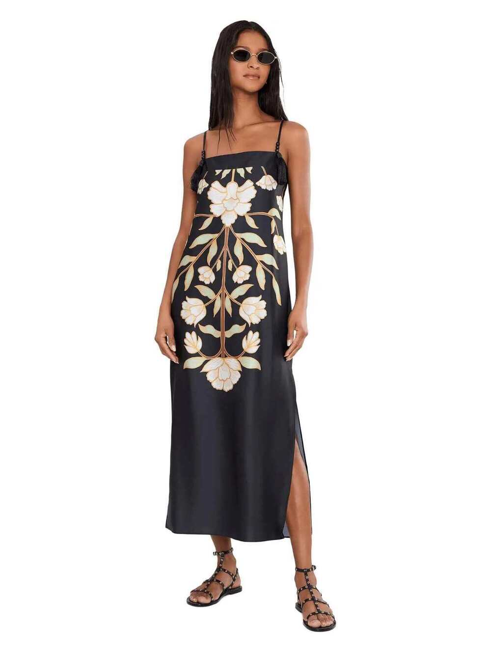 Adrianna Papell Printed Shift Midi Black Floral Gold sz 6 NWT Tassels Statement